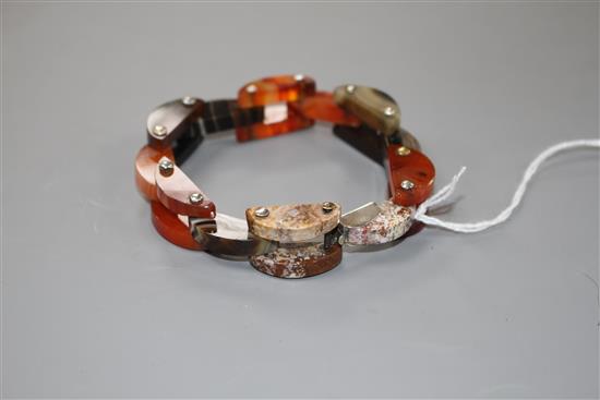 A white metal mounted Scottish hardstone and agate set demi-lune link bracelet, approx. 19.6cm.